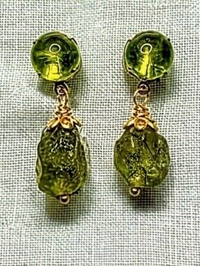 Natural  Peridot Genuine 4 Carats & Rough Peridot In Drop Gold Plated Earrings